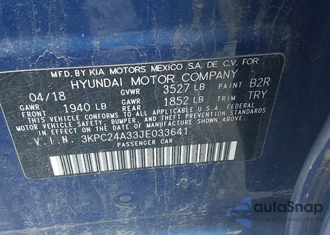 2018 Hyundai Accent Se from USA, damaged, VIN 3KPC24A33JE033641